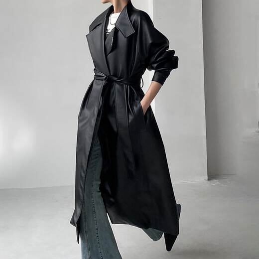 Tianyi High-End in Hongkong-Lederjacke, Damenwindbreaker, mittelgroße, vielseitige Herbst- und Wintermantel, lose Spitzen, Frauenkleidung, Lederjacke im Retro Hong Kong, schwarze Größe 7 [111-130]