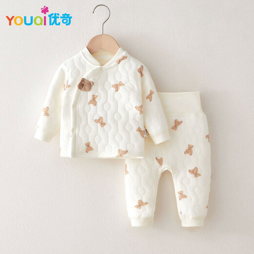 优奇婴儿衣服秋冬保暖宝宝高腰护肚夹棉打底衣分体内穿秋衣裤纯棉套装