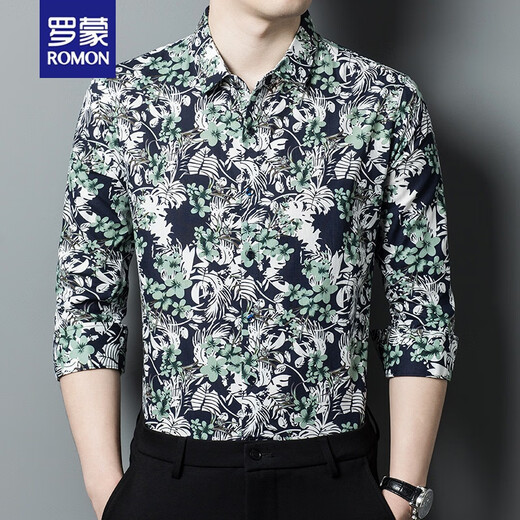 
ROMON brand floral shirt men autumn long sleeve trendy handsome men's floral shirt slim middle-aged spring and autumn thin men's cotton 9904 red XXL