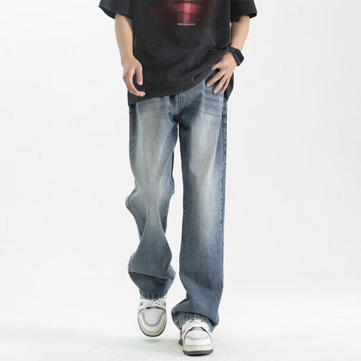 MAYBEYOND微喇牛仔裤男秋冬季垂感修身微喇裤高腰裤子男MA27复古蓝XL