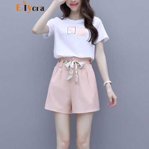 Elycra dress skirt 2021 new summer women's soft style short-sleeved T-shirt, fashionable and age-reducing, small wide-leg fashion casual suit for women pink M (recommended about 96-105 Jin [Jin equals 0.5 kg])