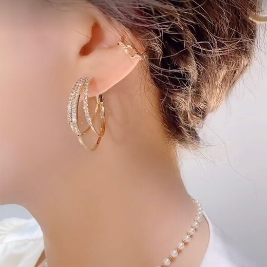 Fat Donglai same style 18k gold hoop earrings silver plated 18K gold Sansheng III round ear buckle earrings with diamond earrings 251 gold white diamond