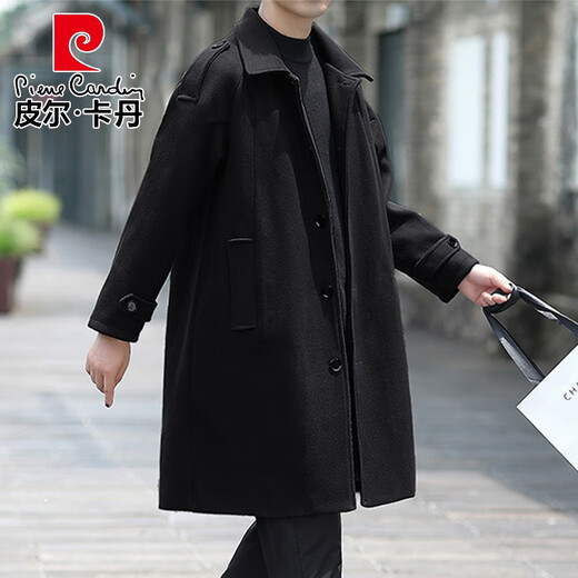 Pierre Cardin autumn and winter new trendy men's thickened mid-length windbreaker casual woolen coat loose and handsome woolen coat cotton black thickened M