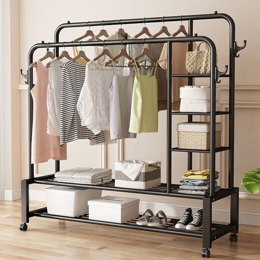 Wooden bottle multifunctional clothes rack floor-standing bedroom simple clothes drying rod for drying clothes storage clothes rack indoor coat rack (150cm white) double pole double layer net + side net with wheels large