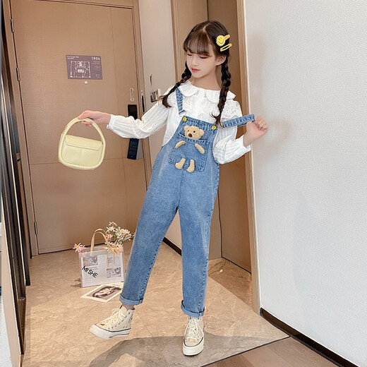Maidou Bear children's clothing girls' denim overalls spring new style medium and large children's loose summer children's suspenders bear overalls trousers blue trousers 110