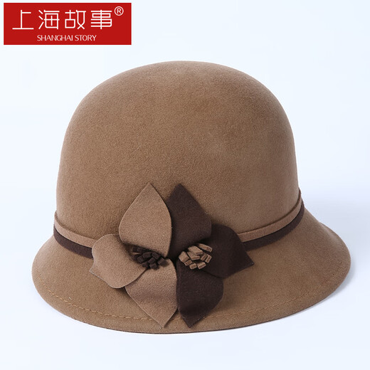 Shanghai Story pure wool hat for women autumn and winter warm woolen hat long short brim fisherman hat two-color flower Mid-Autumn Festival gift