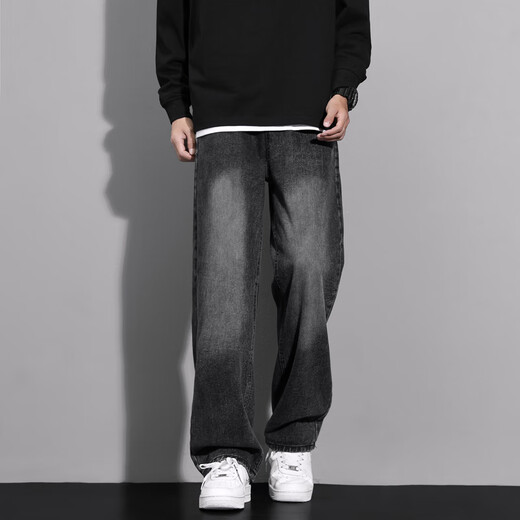 MAYBEYOND jeans men's American fashion brand high street workwear straight pants loose casual wide leg pants MA46 smoke black L