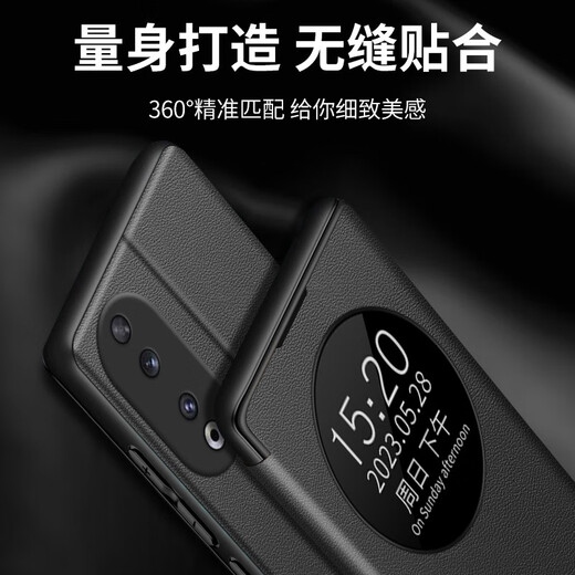 柠木唐 三星s22ultra手机壳翻盖式三星s22保护套全包5G男女商务透明视窗玻璃镜头全包真皮超薄 魅黑色-视窗翻盖式皮套 三星S22 Ultra