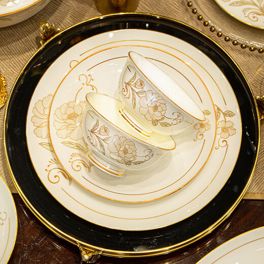 Han Ming Chinese Scenery Dezhen bone china bowls, plates and tableware complete set of household high-end ceramic dishes and chopsticks set housewarming gift upgraded 60-piece set丨with high-end brocade box