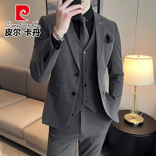 皮尔卡丹（pierre cardin）新郎西服套装男士商务职业正装结婚礼服痞帅休闲修身大码西装男 SJT9889黑色三件套(西服+西裤+马甲) M 身高155-170\体重90-110斤