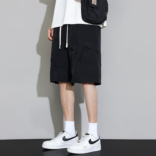 Trueves shorts men's summer thin ice silk cool five-point casual pants men's youth loose straight work medium pants DK701 black 2XL