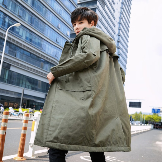 Men's trendy brand autumn and winter new men's lamb wool hooded mid-length plus velvet thickened warm windbreaker men's loose workwear cotton coats men's plus size military green XL