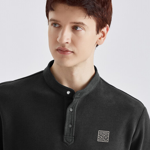 Qianzhihe Autumn and Winter New Men's Henry Collar Sweatshirt Men's Printed Trendy Tops Versatile Casual Knitted Bottoming Shirts for Men Spring and Autumn 63C Black S