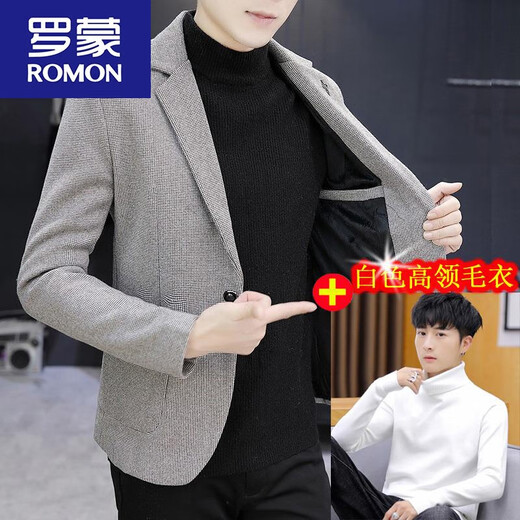 ROMON autumn and winter woolen suit men's jacket plus velvet thick single Western Korean version slim fit top trend gray 1988 suit plus velvet XL
