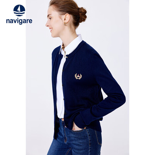 Navigare Italian small sailing women's sweater spring and autumn round neck cardigan sweater jacket 2334092061 Navy M