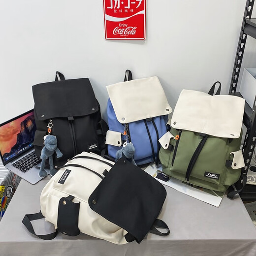 Fadelu Backpack Men's Backpack College Student Bag Men's Ins Cool Fashion High School Simple Canvas Large Capacity Computer Bag huashengda8811 Blue with White + Frog