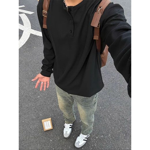 Katuchi American Henry collar long-sleeved T-shirt for men in summer, loose and thin waffle guard clothes, high-end inner layering shirt, black XL