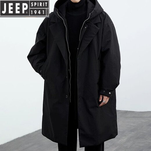 JEEP SPIRIT2025 autumn and winter velvet men's Korean style coat men's fake two-piece hooded mid-length windbreaker jacket men's jacket military green cotton thickened 2XL 155-160Jin Jin equals 0.5 kg