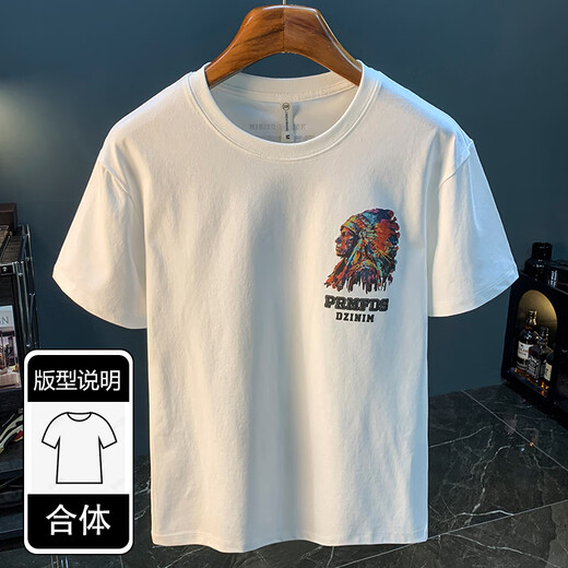 罗蒙美式重磅T恤2025年夏季薄款印第安人印花潮牌短袖圆领百搭男衣服 9903白色T恤 2XL 码