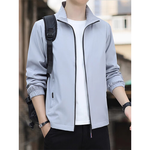 JEANSWEST Spring and Autumn Coat Men's 2025 New Spring Thin Solid Color Stand Collar Loose Windbreaker Casual Jacket Top JK8302 Dark Gray Regular XL