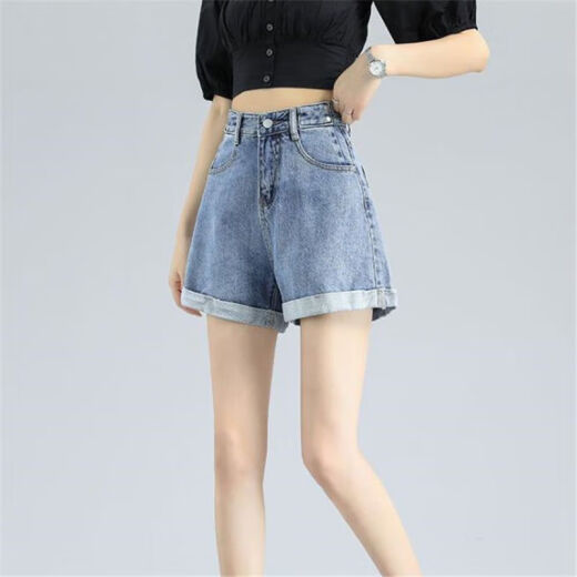 Wang Ximai denim shorts women's summer thin style 2023 new straight high waist thick legs slimming wide leg a-line shorts A802 light blue shorts S recommended within 95Jin [Jin equals 0.5kg]