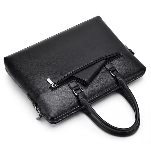 MOEPEQDAISHU men's handbag business genuine leather briefcase large capacity first layer cowhide casual fashion horizontal computer bag shoulder bag black (first layer cowhide) large bag 14 inches