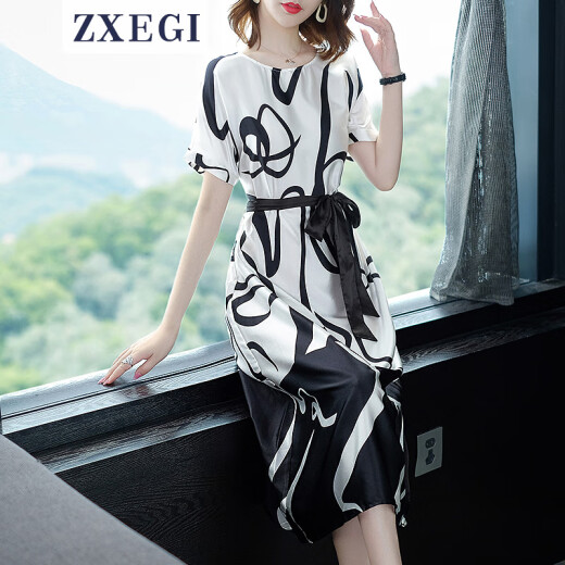 ZXEGI clothes women's heavyweight silk dress mid-length fashionable noble print loose temperament slim mulberry silk skirt white M (within 101-115Jin [Jin equals 0.5 kg])