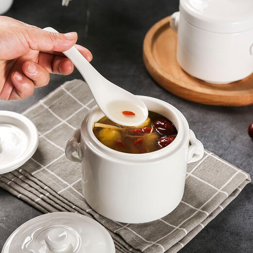 Jiayi Kitchen Ceramic Waterproof Stew Bowl Bird's Nest Stew Soup Cup Double Cover Insulated Bowl Dessert Bowl Baby Steamed Egg Small Stew Pot Steamer Bowl 700 Elephant Stew Cup + Ceramic Plate + Spoon