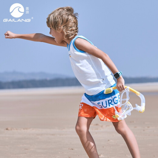 Gai Langxia elastic quick-drying children's beach pants for middle and large children, loose shorts for boys and girls, beach vacation boxer swimming trunks, orange 6A (110-120)