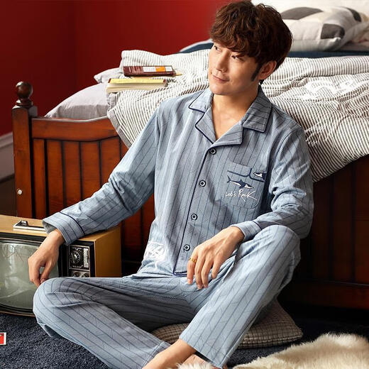 Langsha Pajamas Мужская весна и осенняя летние летние кардиган на весенний и осенний лето плюс мужская домашняя одежда 826 Feather Blue 2xl