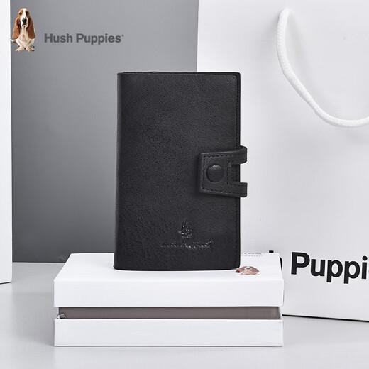 Hush Puppies Key Bag Unisex Genuine Leather Key Bag Keychain Multifunctional First Layer Cowhide Key Bag Card Holder 2-in-1 Black