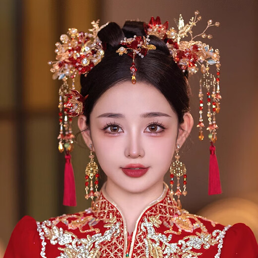 Fat Donglai's same style Xiuhe tiara bridal tiara Chinese style red ancient style Hanfu Xiuhe suit with glazed flower hanging between eyebrows Xiuhe tiara set (ear clip style)