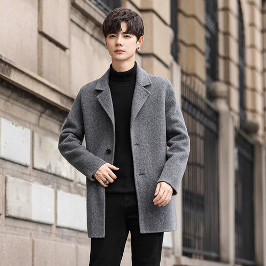 Pierre Cardin double-sided woolen woolen coat men's mid-length Korean style suit collar woolen coat autumn and winter thickened windbreaker men's black L recommended 120-135Jin Jin equals 0.5 kg