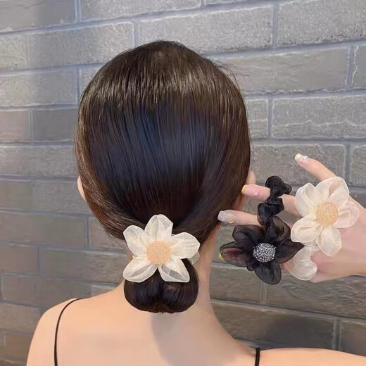 Sunflower large intestine hair band high elastic hair rope Internet celebrity 2024 meatball headdress Juansha rhinestone hair rope off-white 1 piece