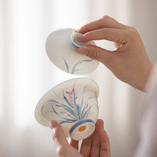 Su's Ceramics Hand-painted Mutton Fat Jade Porcelain Orchid Ercai Tea Bowl Works by Intangible Cultural Heritage Teacher Su Aizhen