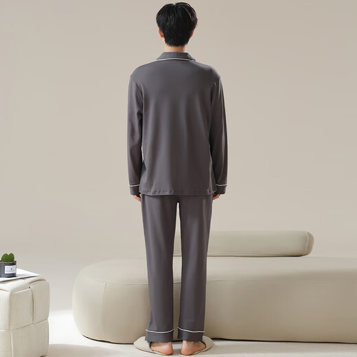 Langsha pajamas men's pure cotton 7A antibacterial and mite removal spring and autumn long-sleeved cardigan suit loose and simple men's home wear