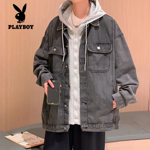 Playboy (PLAYBOY) denim jacket men's jacket handsome autumn and winter trendy brand ins hooded loose versatile trendy Korean style fake two-piece top blue M