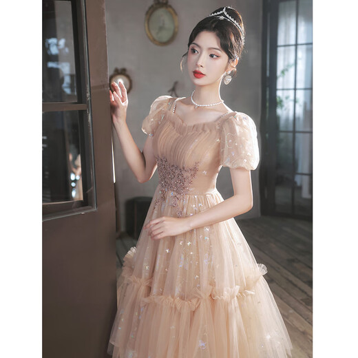 Li Baixin evening dress for women 2025 new light luxury niche high-end petite banquet temperament high-end host birthday dress champagne long M recommended 90-100Jin Jin equals 0.5 kg