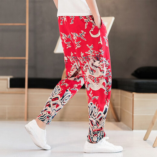 Sr. Guan Estilo chino Lino impreso Lo suelto Harem Harem Harem Retro Algodón Retro Algodón Summer Estilo delgado Mascas informales Long 319 Borgoña XL