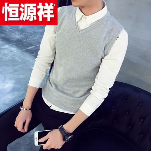 Hengyuanxiang (HYX) men's V-neck wool vest, Korean style sleeveless woolen sweater, sweetheart neck slim vest sweater, thick youth, high-end brand special price, broken code, light gray, high-end brand, special price, broken code M