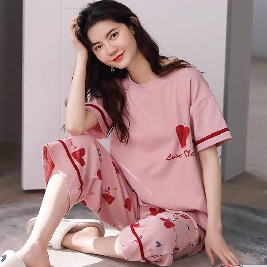 Pajamas de Langsha para mujeres en el verano, los pantalones recortados de manga corta para mujeres en primavera y verano pueden usar dibujos animados lindos trajes de ropa para el hogar para al aire libre. Pantalones cortados de manga corta 683 m_sugestionados 80-98jin [Jin equivale a 0.5 kg]