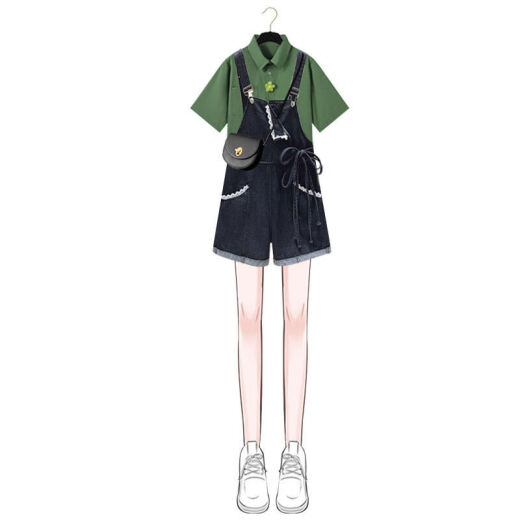 丹雨婷女装夏季套装女2023短袖上衣女显瘦休闲牛仔背带裤两件套 6172绿色上衣+背带裤 M