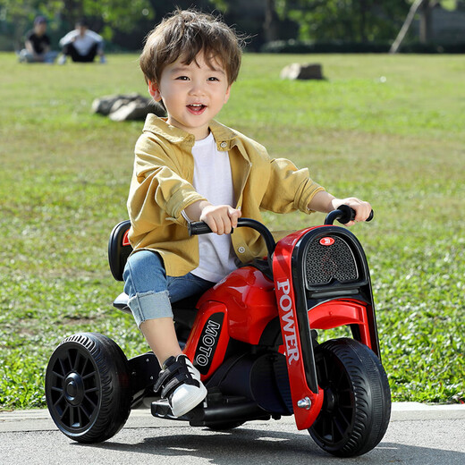 Selected children's electric motorcycles, rechargeable toy cars, male and female babies, remote-controlled three-wheel strollers with music and lights, red high-end dual-drive + Chaowei battery + remote control Children's Day gift