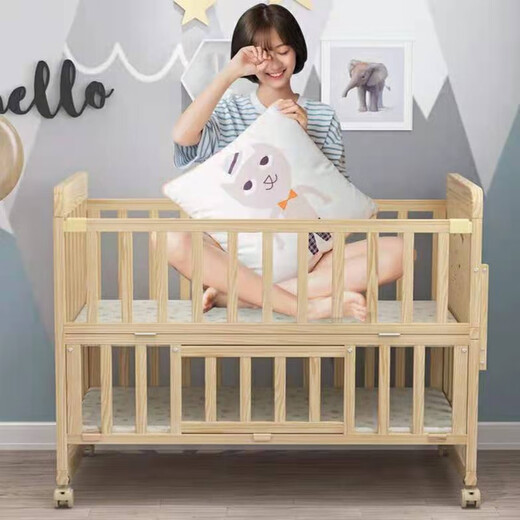 Laughing Beile crib solid wood splicing baby bed multi-functional mobile small apartment newborn bb bed wooden cradle cradle solid wood bed + mosquito net + snake luck treasure five-piece set single-layer large bed (102/60) 0-3 years old