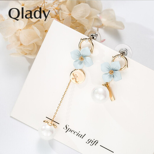 Women's asymmetrical pearl earrings for women, fashionable long tassel internet celebrity flower silver earrings for female students, sweet 925 silver needle earrings, ear wire earrings, gift for girlfriend, fresh blue