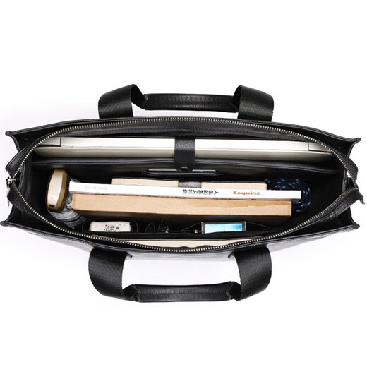 South men's briefcase genuine leather men's bag cowhide high-end business casual simple handbag men's large-capacity official bag style two black large bag 15.6 inches