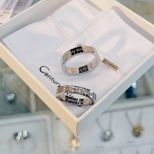 CENTURY& KINDLE baby's breath couple rings, a pair of rings with engraving, niche design, simple, fashionable and trendy birthday gift for girlfriend (white gold), plain circle + baby's breath, a pair, please note the color and ring number