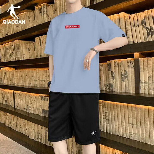 Jordan costume de sport hommes 2025 été nouveau coton respirant à manches courtes short à séchage rapide vêtements de course fitness pour hommes ensemble deux pièces 1349 bleu hydrogène + 1385 noir 2XL / 185