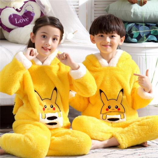 ROUCHEN (ROUCHEN) autumn and winter children's pajamas boys and girls flannel home clothes medium and large children cartoon thickened warm suit home clothes KAY166 Pikachu velvet 14 yards 125-130CM