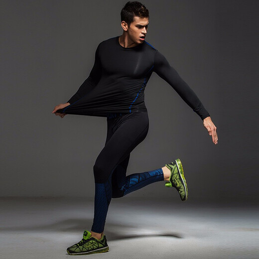 Yihaote (yihaote) spring and summer thickened velvet thermal tights for men quick-drying long-sleeved fitness clothes for men high elastic sports basketball running sweat-absorbent elite black pants + blue and silver suit need to add velvet to take a message L (170-175 height. 120-135 Jin Jin equals 0.5 kg)